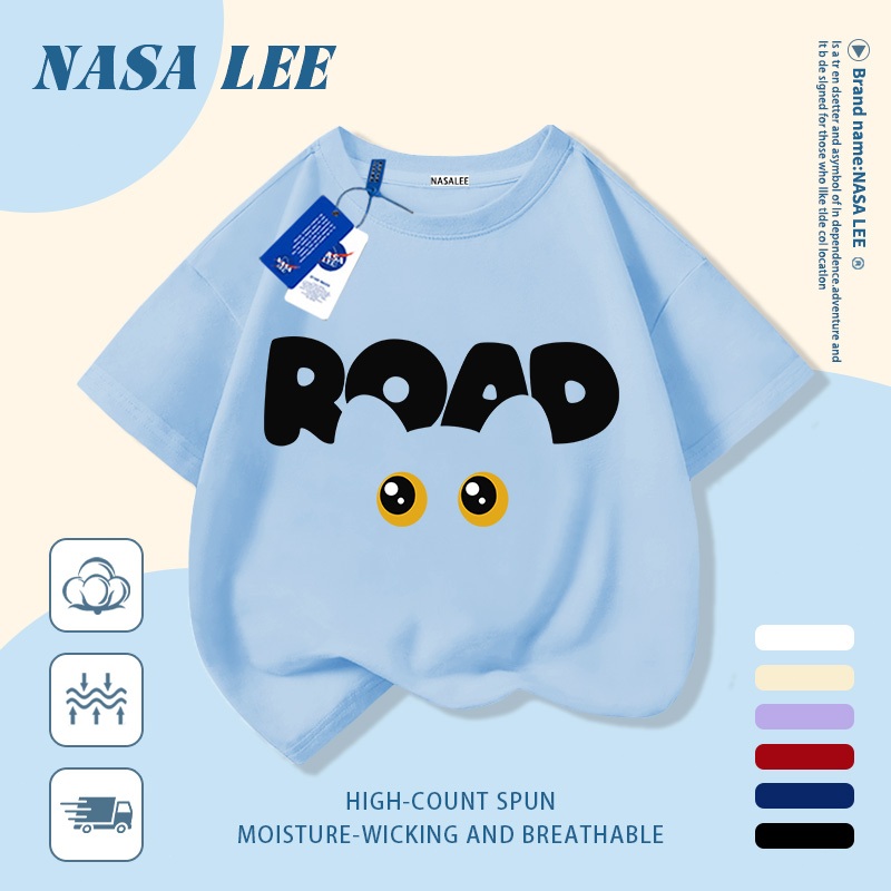 [Giao hàng trong ngày] Áo thun Cotton nguyên chất màu xanh hải quân cho trẻ em NASA Áo thun Cotton thoáng khí Thiết kế chữ hoạt hình In hợp thời trang 3-16 tuổi Bé trai bé gái tay ngắn thông thường
