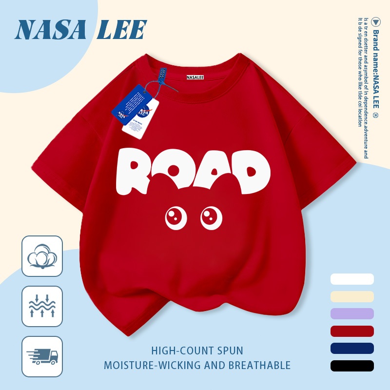 [Giao hàng trong ngày] Áo thun Cotton nguyên chất màu xanh hải quân cho trẻ em NASA Áo thun Cotton thoáng khí Thiết kế chữ hoạt hình In hợp thời trang 3-16 tuổi Bé trai bé gái tay ngắn thông thường