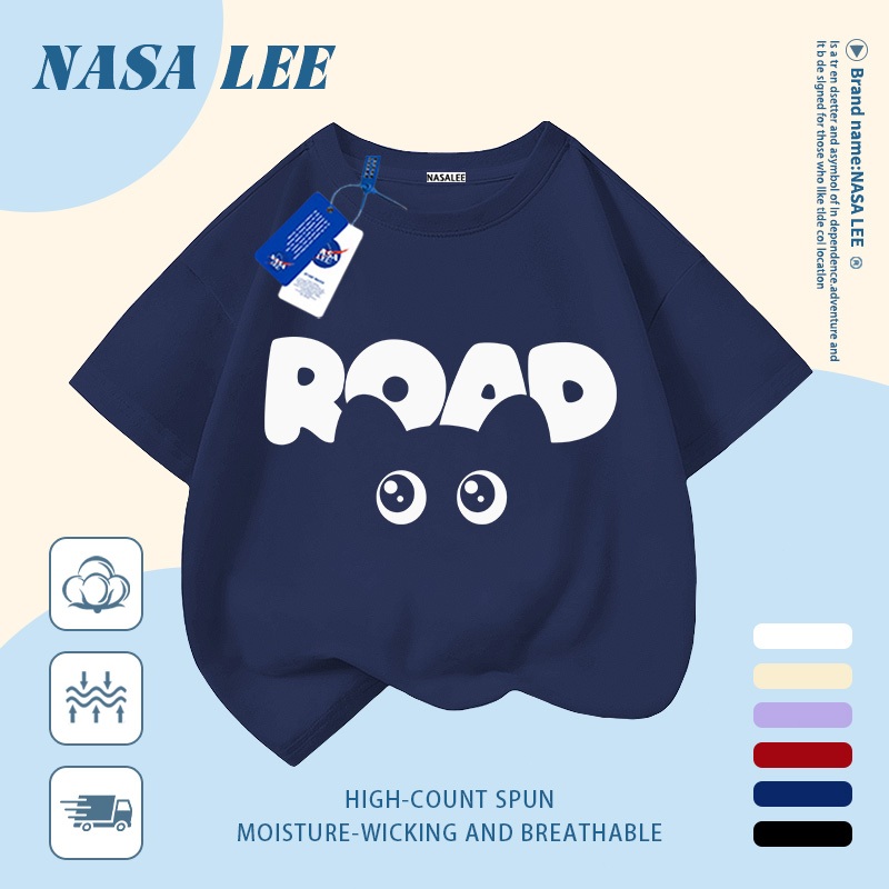 [Giao hàng trong ngày] Áo thun Cotton nguyên chất màu xanh hải quân cho trẻ em NASA Áo thun Cotton thoáng khí Thiết kế chữ hoạt hình In hợp thời trang 3-16 tuổi Bé trai bé gái tay ngắn thông thường