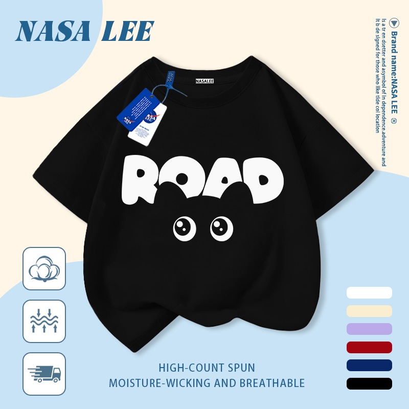 [Giao hàng trong ngày] Áo thun Cotton nguyên chất màu xanh hải quân cho trẻ em NASA Áo thun Cotton thoáng khí Thiết kế chữ hoạt hình In hợp thời trang 3-16 tuổi Bé trai bé gái tay ngắn thông thường