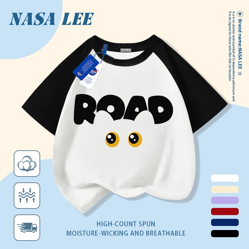 [Giao hàng trong ngày] Áo thun Cotton nguyên chất màu xanh hải quân cho trẻ em NASA Áo thun Cotton thoáng khí Thiết kế chữ hoạt hình In hợp thời trang 3-16 tuổi Bé trai bé gái tay ngắn thông thường