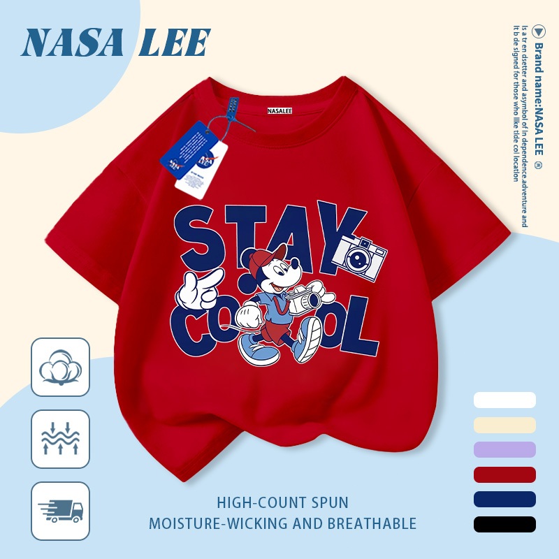 [Giao hàng trong ngày] Áo thun Cotton nguyên chất màu trắng cho trẻ em NASA Áo thun Cotton thoáng khí Thư hoạt hình kết hợp Mickey In hợp thời trang 3-16 tuổi Bé trai bé gái tay ngắn thông thường