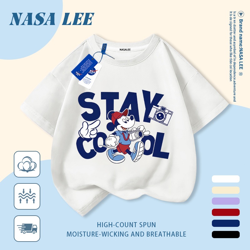 [Giao hàng trong ngày] Áo thun Cotton nguyên chất màu trắng cho trẻ em NASA Áo thun Cotton thoáng khí Thư hoạt hình kết hợp Mickey In hợp thời trang 3-16 tuổi Bé trai bé gái tay ngắn thông thường