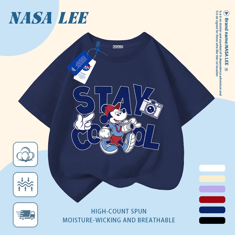 [Giao hàng trong ngày] Áo thun Cotton nguyên chất màu trắng cho trẻ em NASA Áo thun Cotton thoáng khí Thư hoạt hình kết hợp Mickey In hợp thời trang 3-16 tuổi Bé trai bé gái tay ngắn thông thường