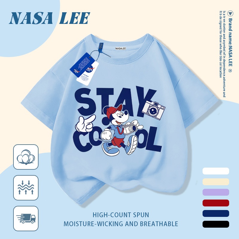 [Giao hàng trong ngày] Áo thun Cotton nguyên chất màu trắng cho trẻ em NASA Áo thun Cotton thoáng khí Thư hoạt hình kết hợp Mickey In hợp thời trang 3-16 tuổi Bé trai bé gái tay ngắn thông thường