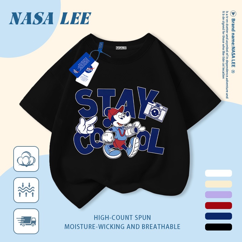 [Giao hàng trong ngày] Áo thun Cotton nguyên chất màu trắng cho trẻ em NASA Áo thun Cotton thoáng khí Thư hoạt hình kết hợp Mickey In hợp thời trang 3-16 tuổi Bé trai bé gái tay ngắn thông thường