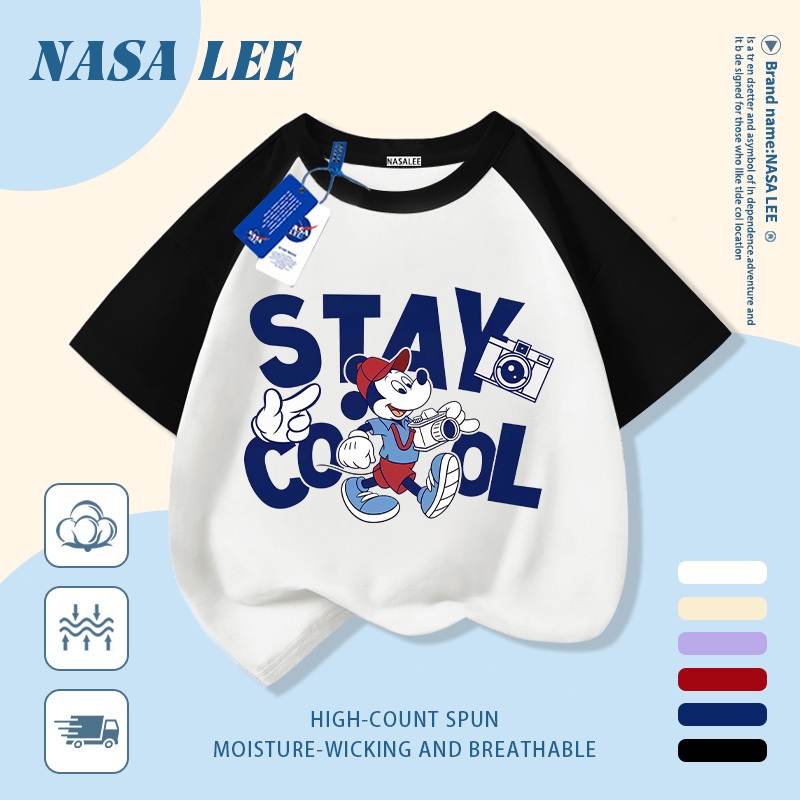 [Giao hàng trong ngày] Áo thun Cotton nguyên chất màu trắng cho trẻ em NASA Áo thun Cotton thoáng khí Thư hoạt hình kết hợp Mickey In hợp thời trang 3-16 tuổi Bé trai bé gái tay ngắn thông thường