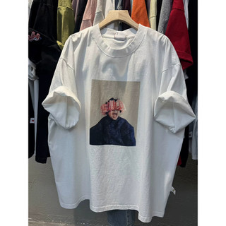Áo thun nữ tay ngắn cổ tròn in hình hoạt hình, chất liệu cotton, kiểu dáng rộng, phong cách lười