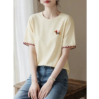 【Hạn giờ】Phong Cách Mới Hàn Quốc Ren Ngắn Tay Áo Thun Nữ Cổ Tròn 100% Cotton