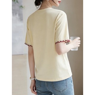 【Hạn giờ】Phong Cách Mới Hàn Quốc Ren Ngắn Tay Áo Thun Nữ Cổ Tròn 100% Cotton