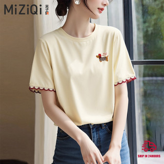 【Hạn giờ】Phong Cách Mới Hàn Quốc Ren Ngắn Tay Áo Thun Nữ Cổ Tròn 100% Cotton