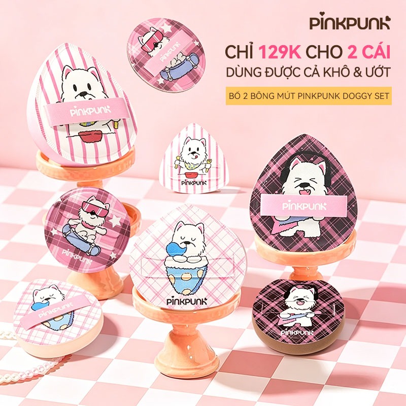 Bông Mút Trang Điểm PinkPunk Cute Doggy Set Mềm Mại Đàn Hồi Cao Dễ Tán & Không Hút Nền Tặng Kèm Hộp Đựng
