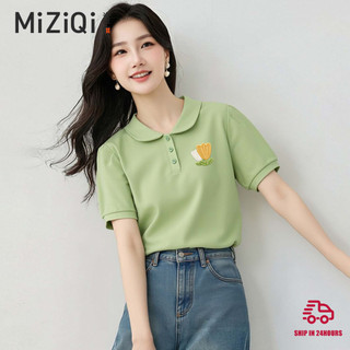 【MIZIQI]】Áo Polo Cổ Búp Bê Nữ, Áo Thun Nữ Tay Ngắn Cotton Nguyên Chất, Áo Rời Phong Cách Đi Lại
