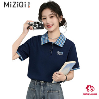 【MIZIQI】áo kiểu nữ Áo sơ mi POLO kẻ sọc, áo thun ngắn tay dáng rộng có ve áo