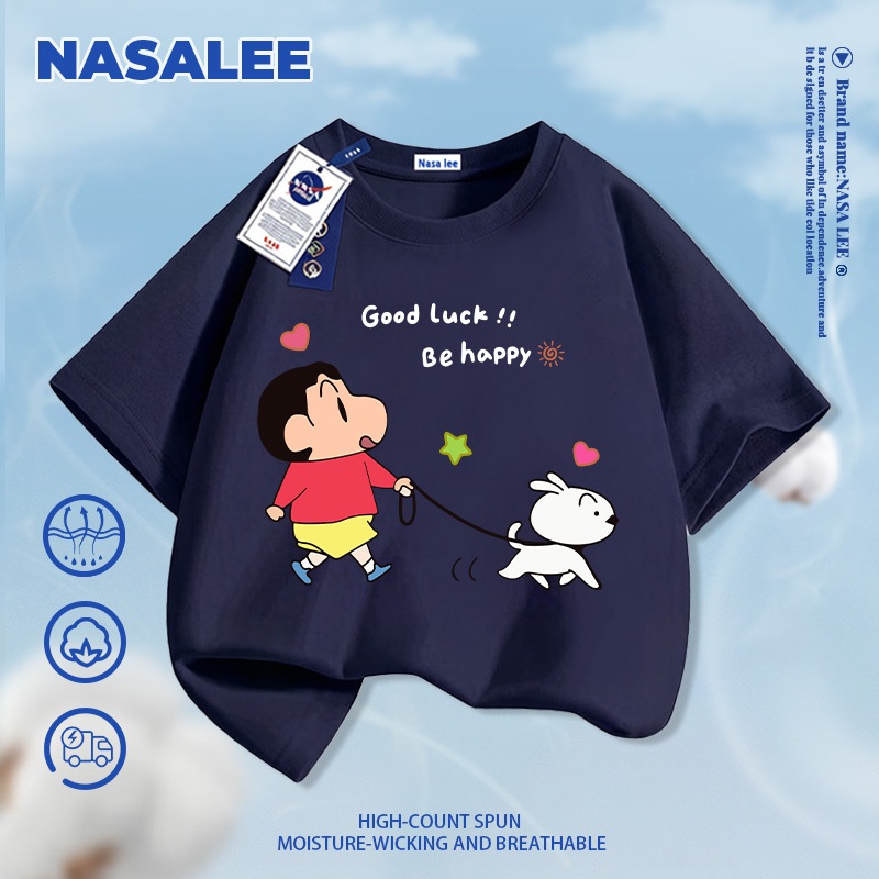 [Vận chuyển 24 giờ] NASA Shin-Chan Shin-Chan In Hình Trắng Trẻ Em Ngắn Tay Cotton Nguyên Chất Loại A Bé Trai Bé Gái Mùa Hè Phong Cách Mới Dạo Phố Áo Thun