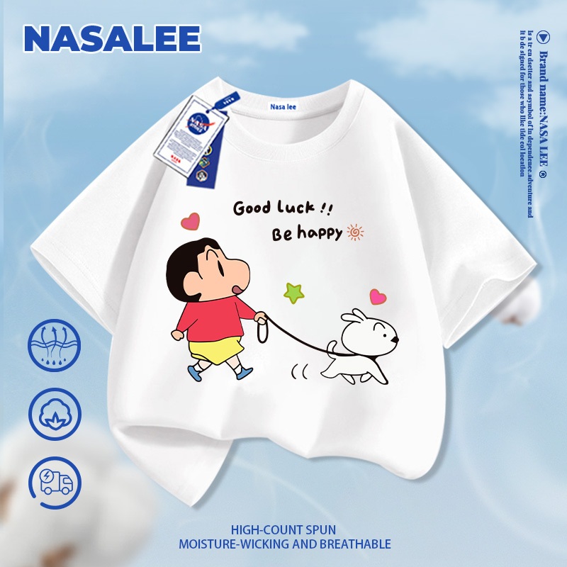 [Vận chuyển 24 giờ] NASA Shin-Chan Shin-Chan In Hình Trắng Trẻ Em Ngắn Tay Cotton Nguyên Chất Loại A Bé Trai Bé Gái Mùa Hè Phong Cách Mới Dạo Phố Áo Thun