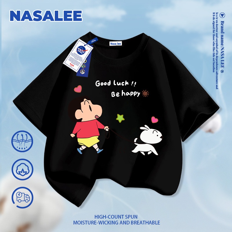 [Vận chuyển 24 giờ] NASA Shin-Chan Shin-Chan In Hình Trắng Trẻ Em Ngắn Tay Cotton Nguyên Chất Loại A Bé Trai Bé Gái Mùa Hè Phong Cách Mới Dạo Phố Áo Thun