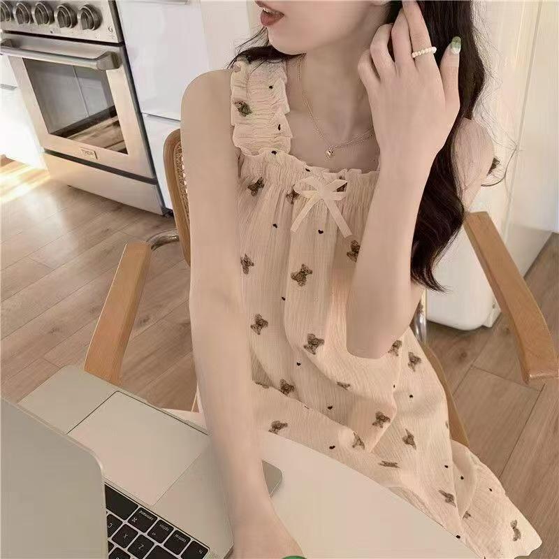 【Có miếng ngực】Đầm ngủ nữ dáng dây mảnh mới xuân hè 2026, in họa tiết dễ thương phong cách hoạt hình / thiếu nữ, chất liệu cotton 100% thoáng mát dễ chịu, có miếng lót ngực, mặc nhà được, mặc đi chơi cũng đẹp