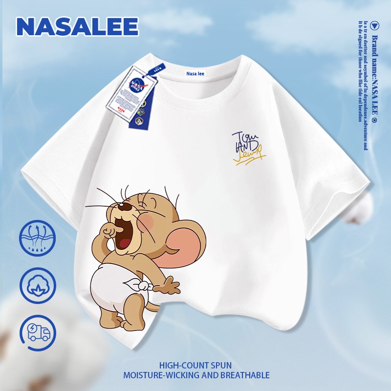[Vận chuyển 24 giờ] NASA Tefy In hình trẻ em ngắn tay Cotton nguyên chất loại A cho bé trai bé gái mùa hè Áo thun mặc đường phố phong cách mới