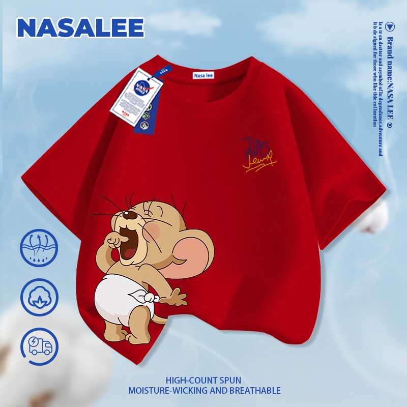 [Vận chuyển 24 giờ] NASA Tefy In hình trẻ em ngắn tay Cotton nguyên chất loại A cho bé trai bé gái mùa hè Áo thun mặc đường phố phong cách mới
