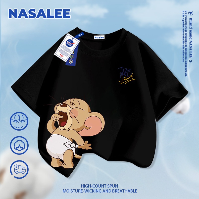 [Vận chuyển 24 giờ] NASA Tefy In hình trẻ em ngắn tay Cotton nguyên chất loại A cho bé trai bé gái mùa hè Áo thun mặc đường phố phong cách mới