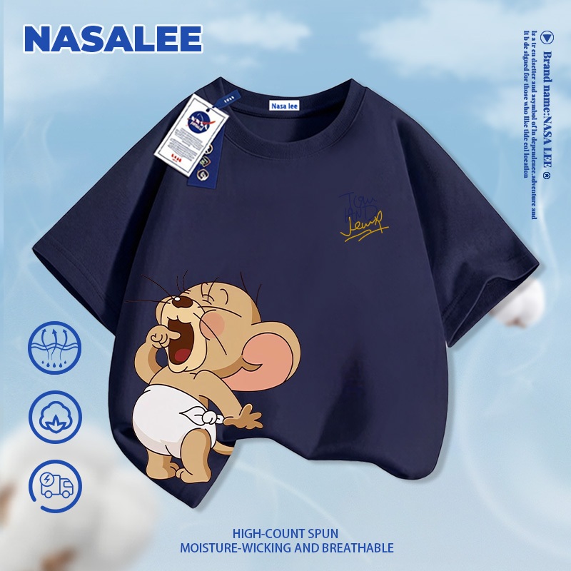 [Vận chuyển 24 giờ] NASA Tefy In hình trẻ em ngắn tay Cotton nguyên chất loại A cho bé trai bé gái mùa hè Áo thun mặc đường phố phong cách mới