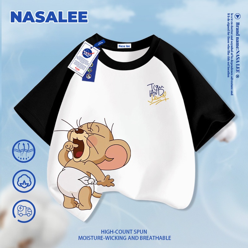[Vận chuyển 24 giờ] NASA Tefy In hình trẻ em ngắn tay Cotton nguyên chất loại A cho bé trai bé gái mùa hè Áo thun mặc đường phố phong cách mới