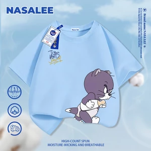 NASA Phiên bản cho bé Tom Cat Print Trẻ em Áo thun Cotton nguyên chất ngắn tay loại A cho bé trai bé gái Mùa hè Áo thun mặc đường phố phong cách mới
