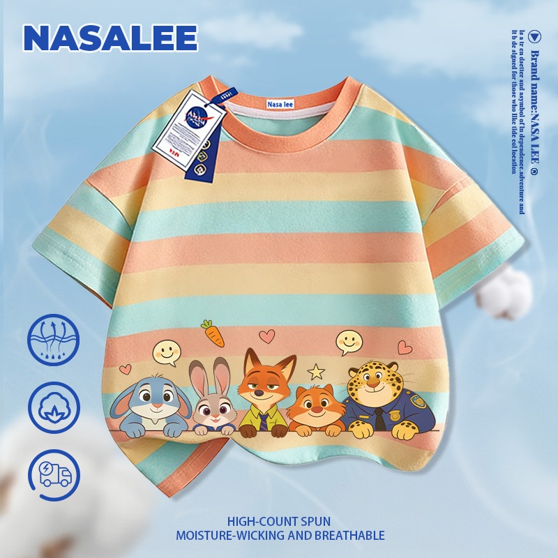 [Giao hàng trong 24 giờ] NASA Crazy Zootopia in hình trẻ em ngắn tay Cotton nguyên chất loại A cho bé trai bé gái mùa hè Áo thun mặc đường phố phong cách mới