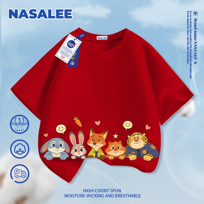 [Giao hàng trong 24 giờ] NASA Crazy Zootopia in hình trẻ em ngắn tay Cotton nguyên chất loại A cho bé trai bé gái mùa hè Áo thun mặc đường phố phong cách mới