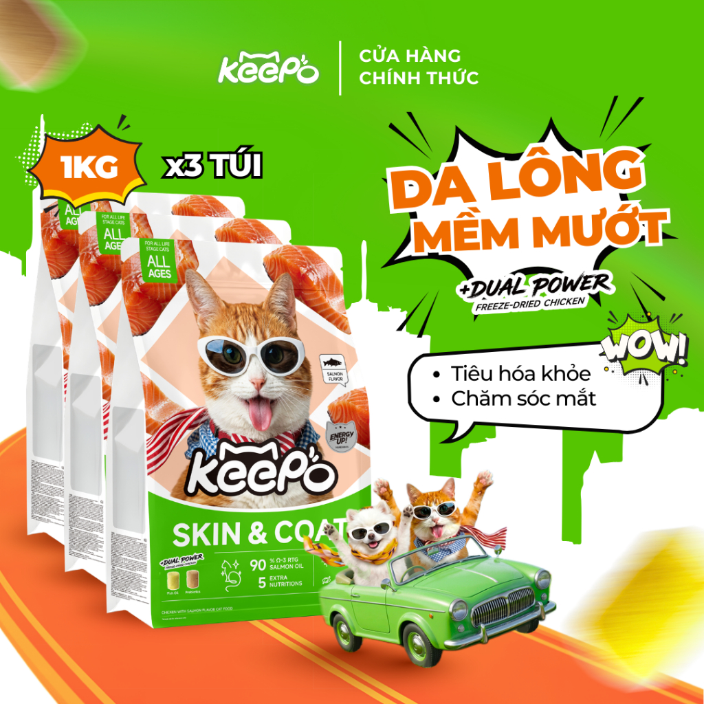 Thức ăn cho mèo KEEPO K1 Combo 3 Gói 1KG, Omega 3 dưỡng da & lông, Tiêu hóa khỏe mạnh, Chăm sóc mắt