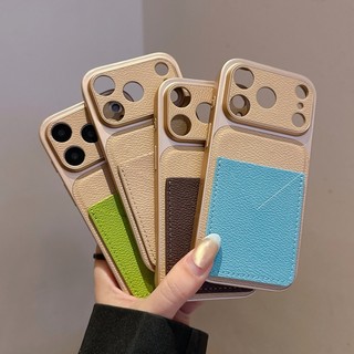 Ốp điện thoại giá đỡ thẻ màu tương phản bằng da kaki sang trọng phù hợp cho iPhone 14 15 16 17 Pro Max bao gồm tất cả vỏ silicon chống rơi