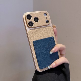Ốp điện thoại giá đỡ thẻ màu tương phản bằng da kaki sang trọng phù hợp cho iPhone 14 15 16 17 Pro Max bao gồm tất cả vỏ silicon chống rơi