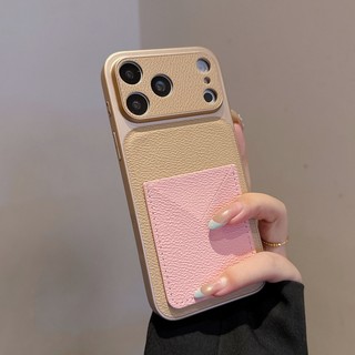 Ốp điện thoại giá đỡ thẻ màu tương phản bằng da kaki sang trọng phù hợp cho iPhone 14 15 16 17 Pro Max bao gồm tất cả vỏ silicon chống rơi