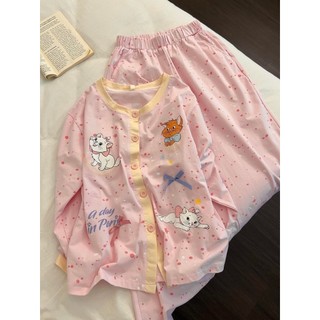 Bộ đồ ngủ cổ tròn hình mèo con hoạt hình dành cho phụ nữ dễ thương dáng rộng phù hợp với bộ đồ gia đình