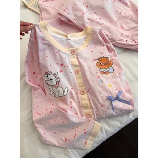 Bộ đồ ngủ cổ tròn hình mèo con hoạt hình dành cho phụ nữ dễ thương dáng rộng phù hợp với bộ đồ gia đình