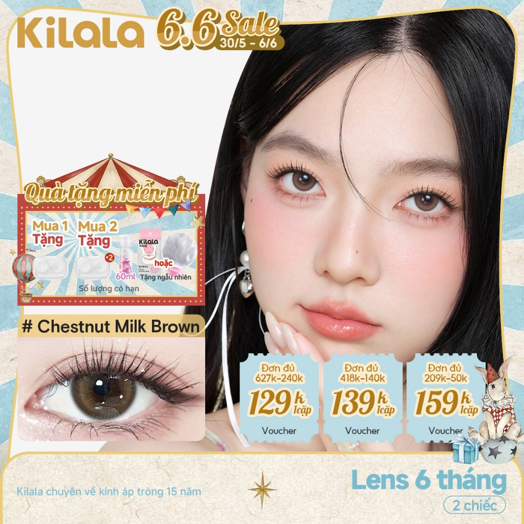 Kính áp tròng Kilala màu nâu Chestnut Milk Brown/Whiskey Brown lens cận 6 tháng DIA 14.2mm có độ (0-8) 1 cặp