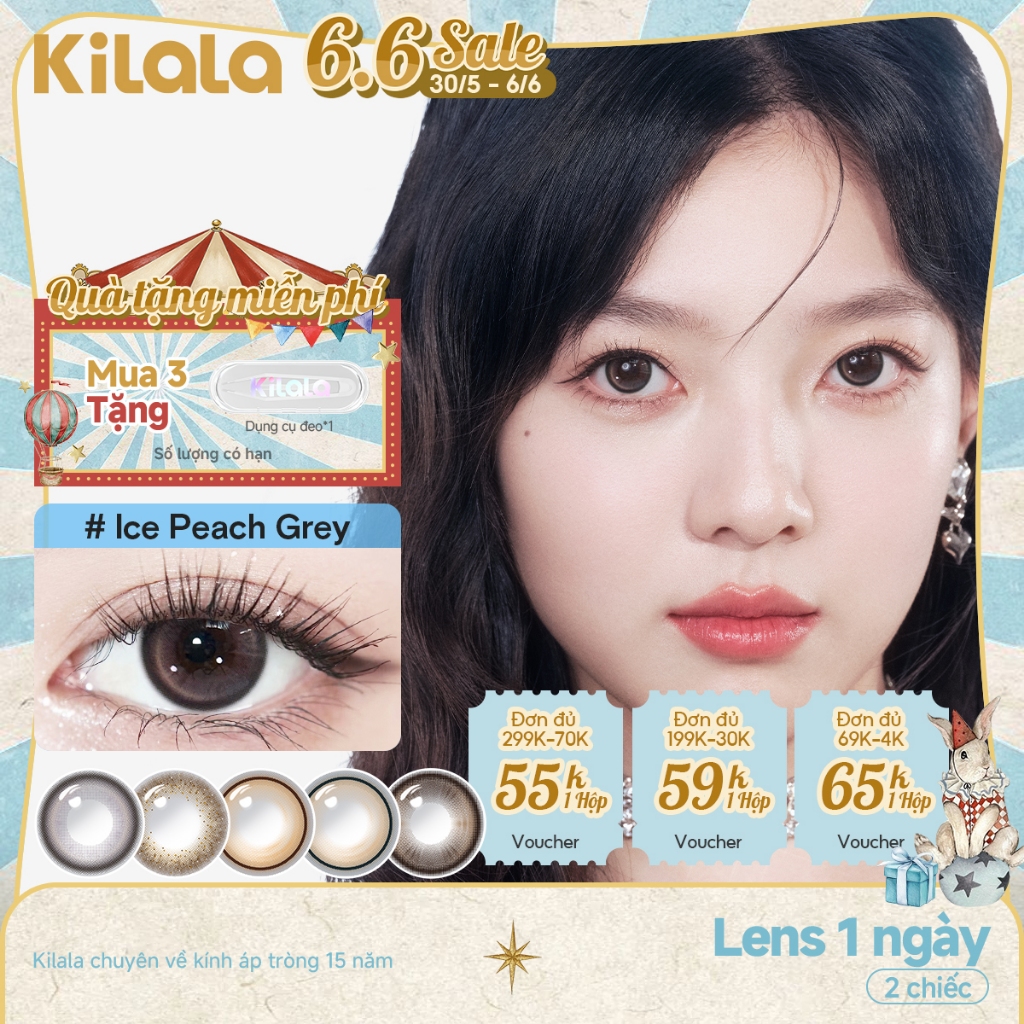 Kính áp tròng Kilala lens 1 ngày màu xám  DIA 14.0mm 14.2mm 14.5mm và màu xám Twinkle Brown，Ice Peach Grey，Gifted Brown，lens cận 1 ngày có độ (0-7) 2 chiếc