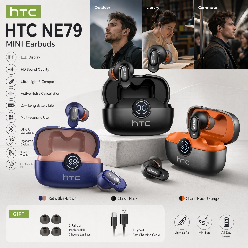 HTC NE79 AI Tai Nghe Dịch Thuật Mới Tai Nghe Bluetooth Nhét Tai V6.0 LED Nghe Không Dây ENC Thể Thao Chống Nước IPX5
