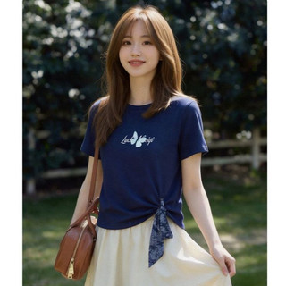 【MIZIQI】áo kiểu nữ Áo thun ngắn tay cổ tròn thắt khăn quàng cổ dành cho nữ, áo ngắn thiết kế