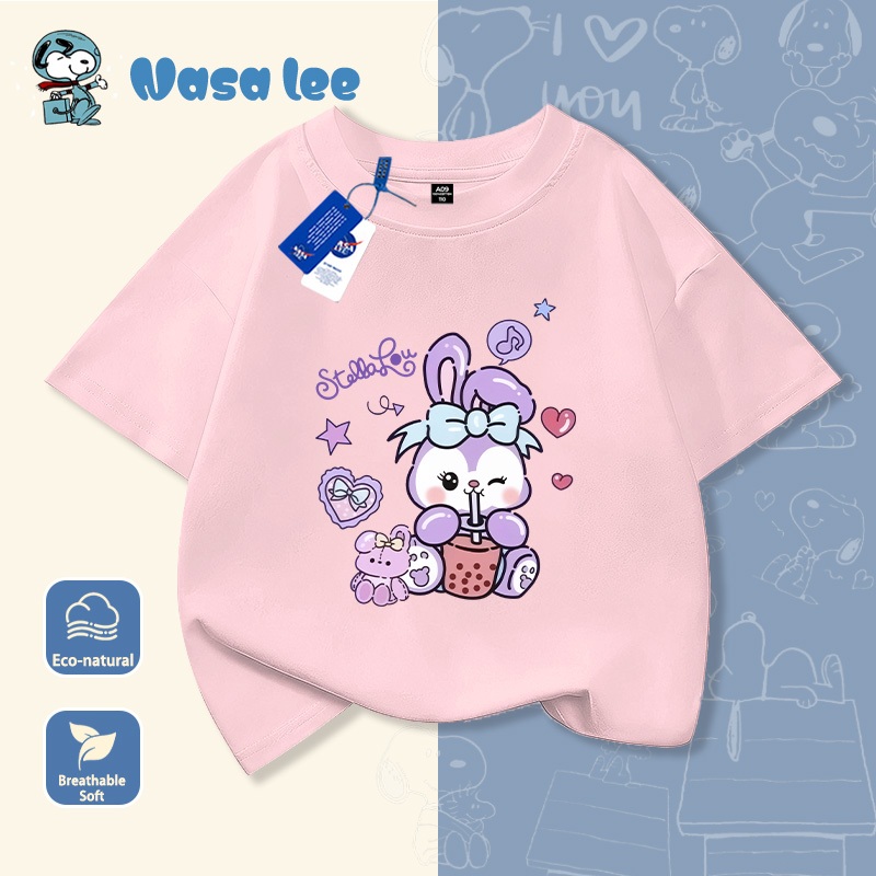 Áo thun tay ngắn bé gái Cotton 100% mẫu mới 2026 - In thỏ hoạt hình ngôi sao trái tim dễ thương
