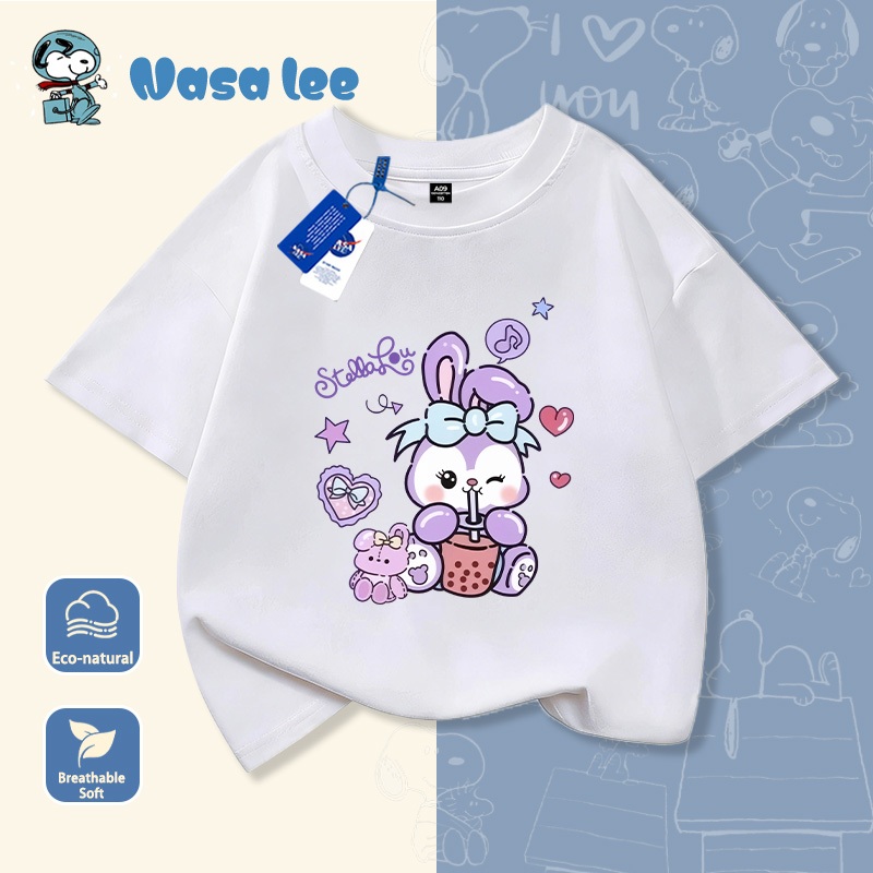 Áo thun tay ngắn bé gái Cotton 100% mẫu mới 2026 - In thỏ hoạt hình ngôi sao trái tim dễ thương