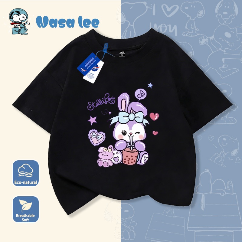 Áo thun tay ngắn bé gái Cotton 100% mẫu mới 2026 - In thỏ hoạt hình ngôi sao trái tim dễ thương