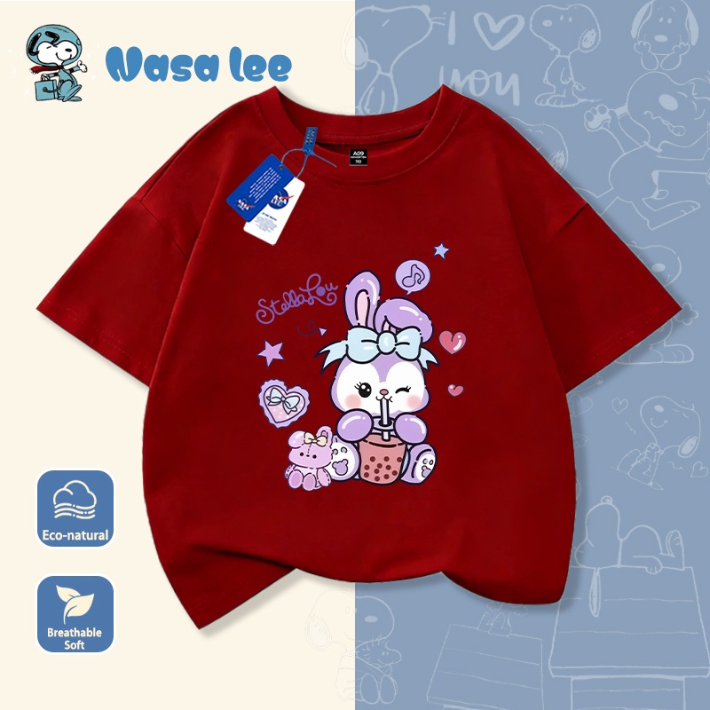 Áo thun tay ngắn bé gái Cotton 100% mẫu mới 2026 - In thỏ hoạt hình ngôi sao trái tim dễ thương