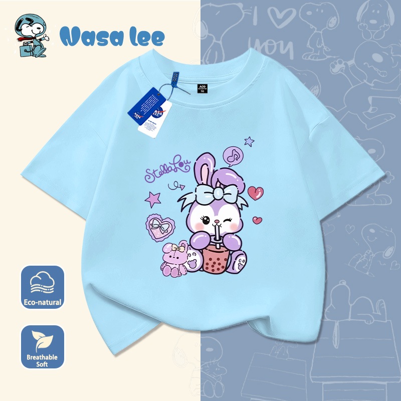 Áo thun tay ngắn bé gái Cotton 100% mẫu mới 2026 - In thỏ hoạt hình ngôi sao trái tim dễ thương