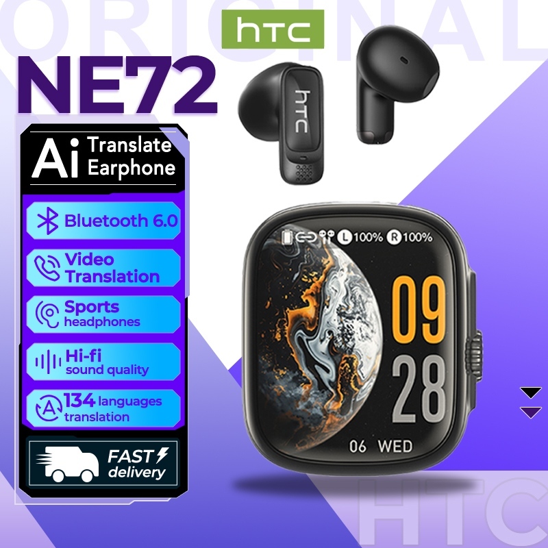 Tai nghe dịch thuật HTC NE72 AI Tai nghe Bluetooth 6.0 Dịch 134 ngôn ngữ ENC Khử tiếng ồn Micrô trong suốt pha lê IPX5 Âm thanh Hi-Fi nước Độ trễ thấp Earpho chơi game