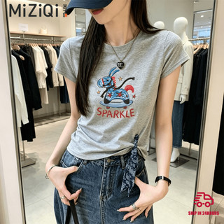 【MIZIQI]】Áo thun ngắn tay cổ tròn thiết kế chính hãng dành cho nữ, khăn lụa viền có dây buộc ngắn