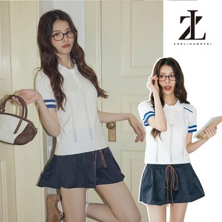 ZHELIHANGFEI Áo dệt kim cổ polo sọc ngang tay ngắn phong cách học đường ôm sát cơ thể