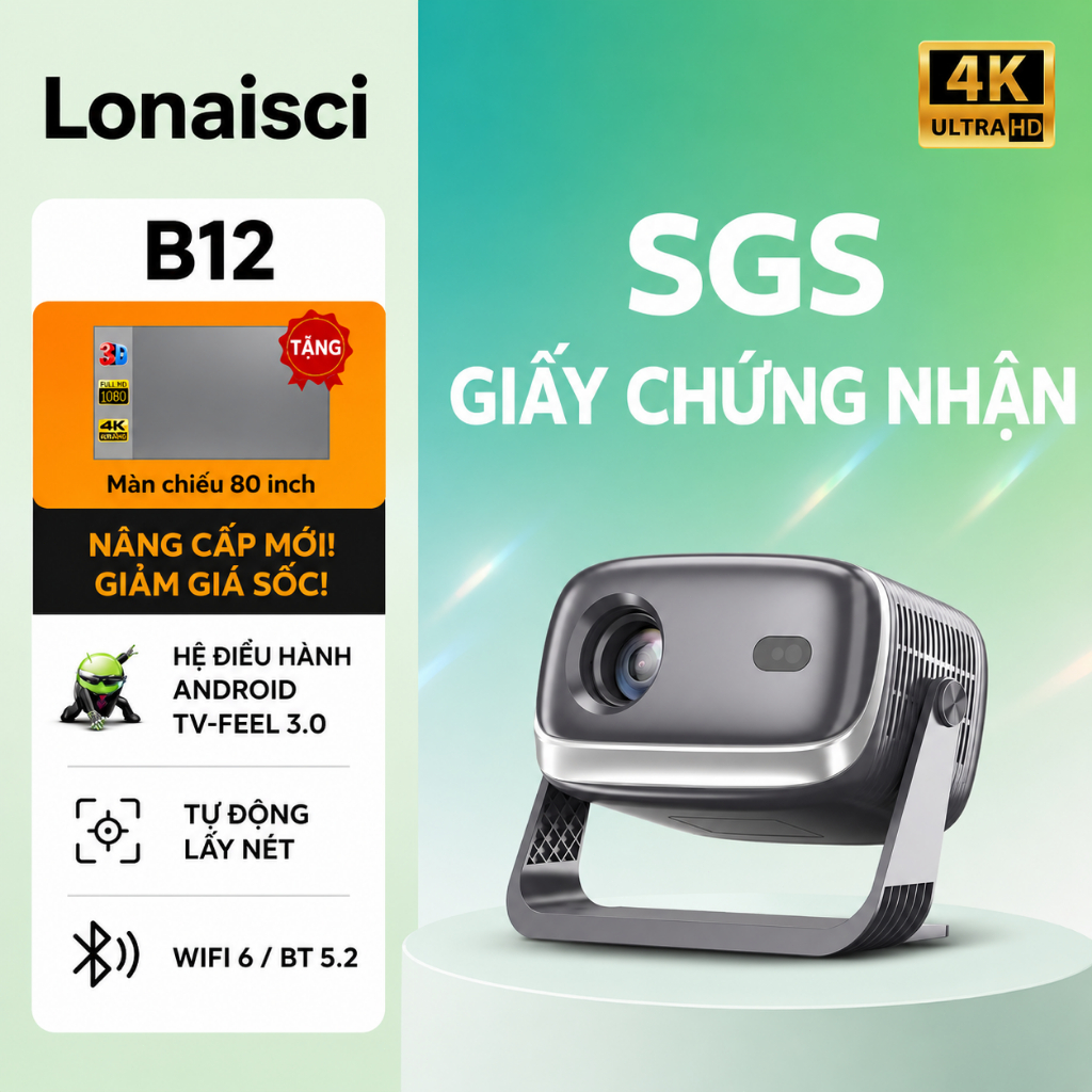 Lonaisci B12 máy chiếu mini phòng ngủ Kết Nối wifi Máy Chiếu Bluetooth Mini 4K Tự Động Lấy Nét Chỉnh Sửa Tự Động Tích Hợp YouTube Netflix Google