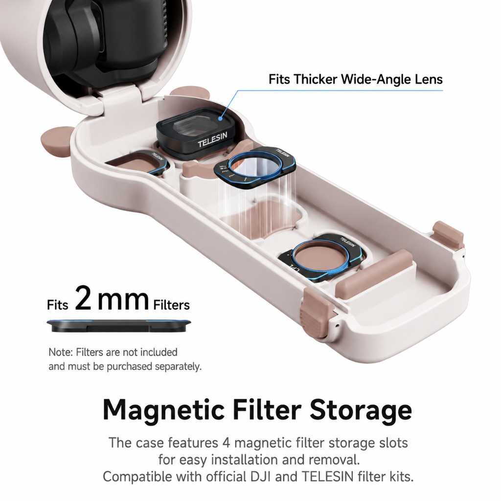 Vỏ Bảo Vệ Cứng Cho DJI Osmo Pocket 4/3 & Xtra Muse 4 Khe Đựng Filter Nam Châm Cho Ống Kính Góc Rộng Dây Đeo Tháo Rời Màu Trắng